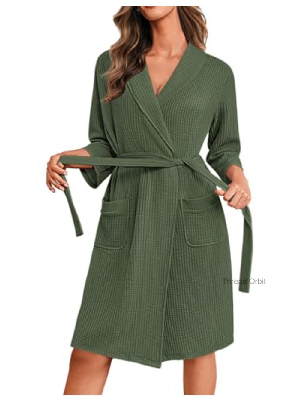Waffle Knit Kimono Robe Knee Length Loungewear with Pockets Lightweight Bathrobe